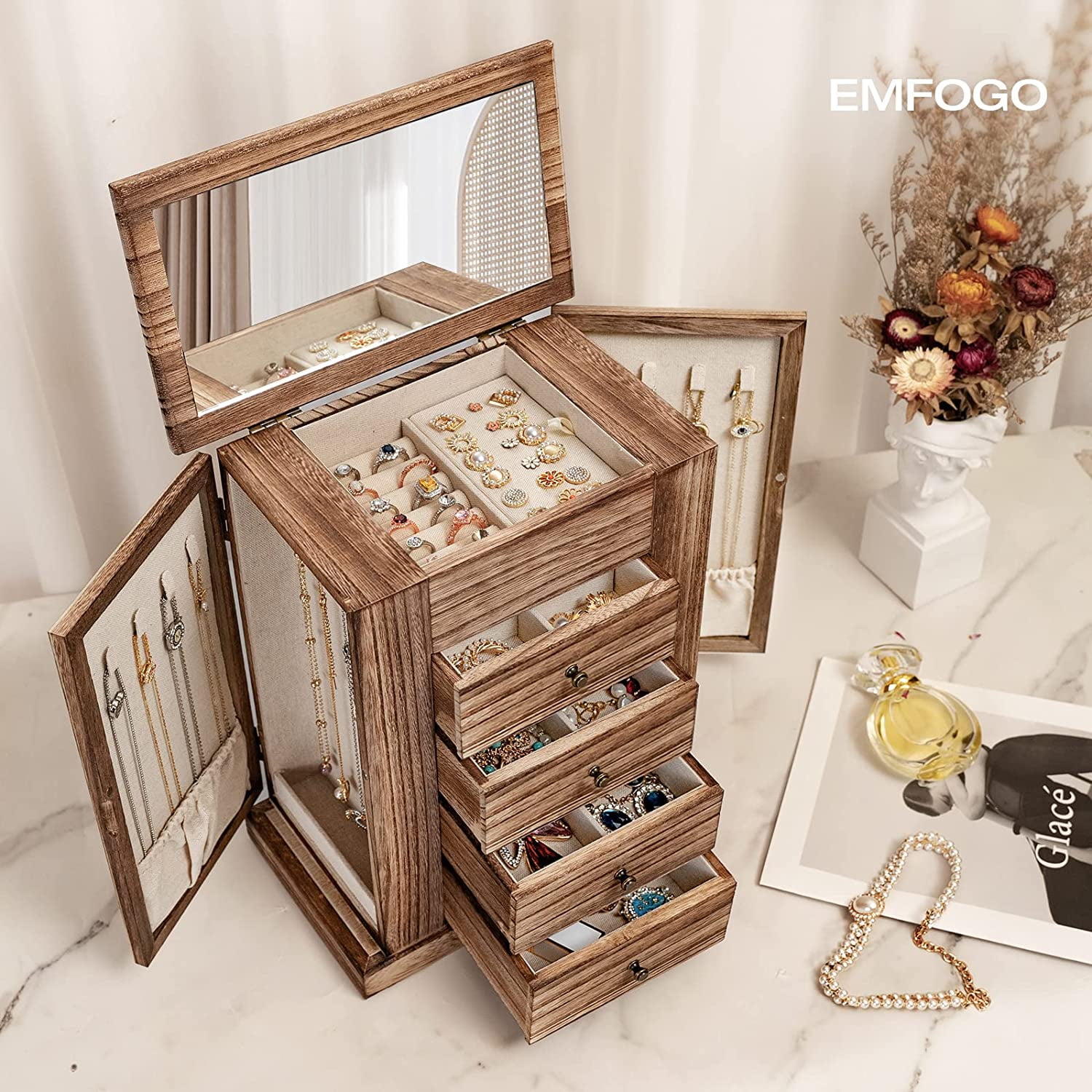 Amazon.com: 2 Layer Solid Walnut Wooden Jewelry Box with Lock and Key for  Women Men Vintage Velvet Wood Jewelry Organizer Storage for Earrings Rings  Necklaces Bracelet Watch : Clothing, Shoes & Jewelry